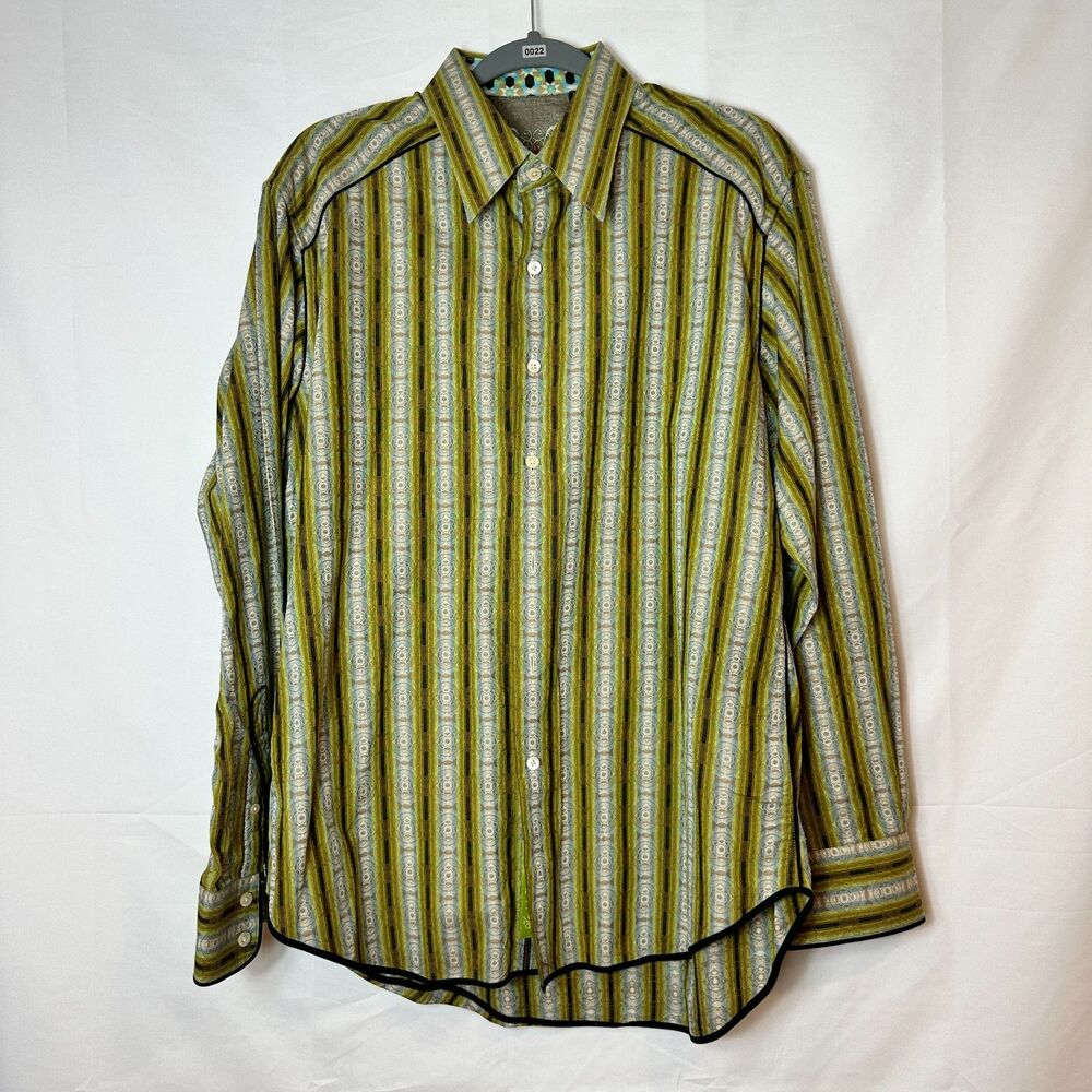 Robert Graham Men's Medium Button Up Shirt Green Striped Flip Cuff Designer